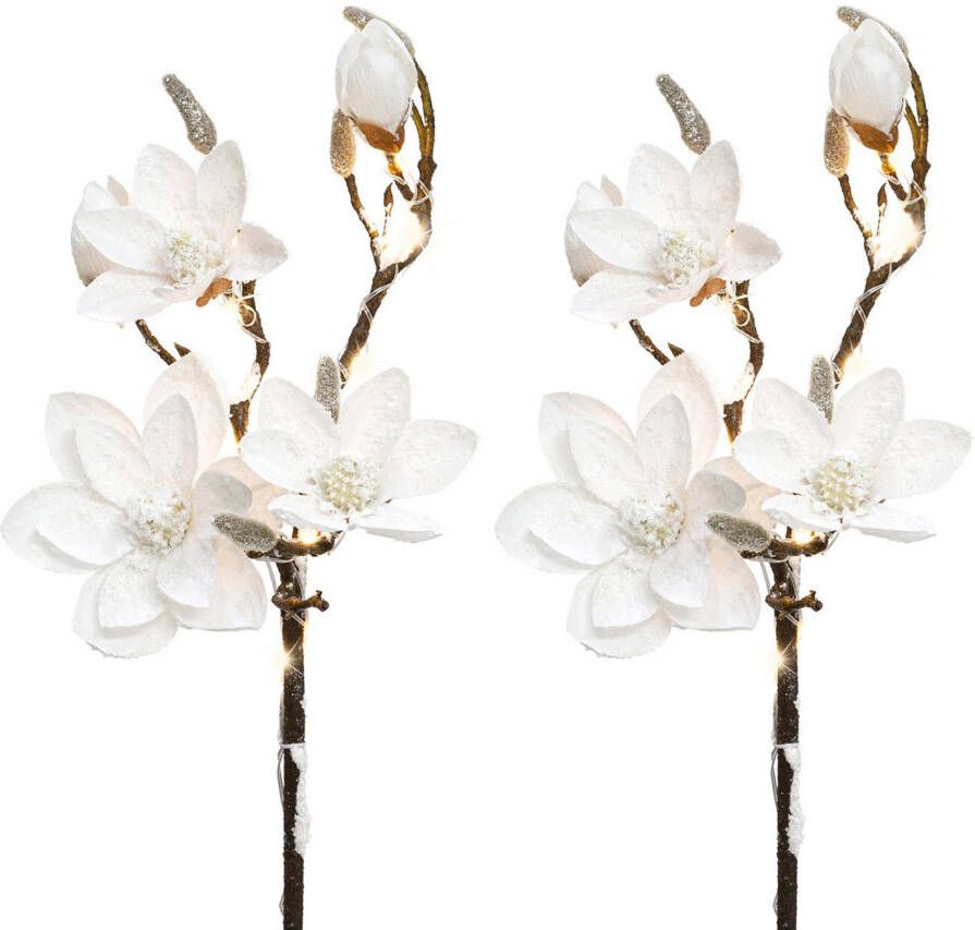 Creativ deco Kunstplant Kerst versiering Magnolia set van 2 met 13 leds + besneeuwde look werkt op batterijen (set 2 stuks)