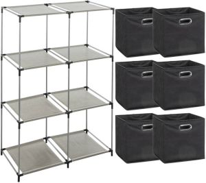 5Five Kastmandjes opberg mandjes antraciet 6x stuks van 29 Liter In rekje van 68 x 98 cm Opbergmanden