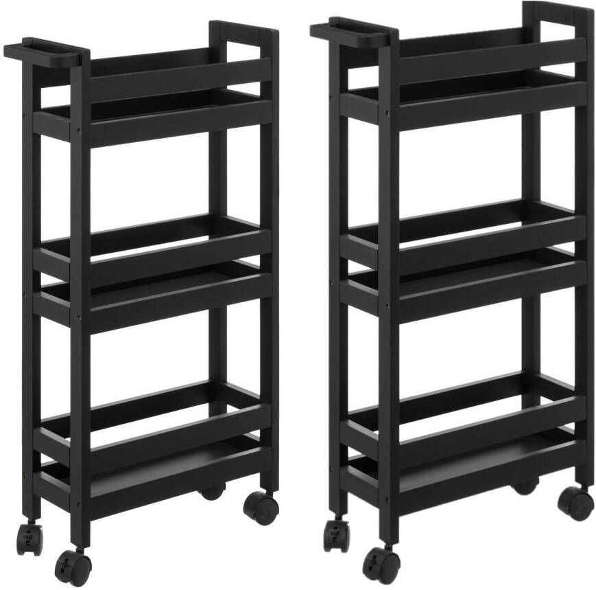 5Five Set van 2x keukentrolley 3-laags zwart D15 x B40 x H75 cm Opberg trolley