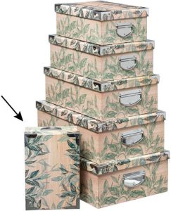5Five Opbergdoos box 2x Green leafs print op hout L28 x B19.5 x H11 cm Stevig karton Leafsbox Opbergbox