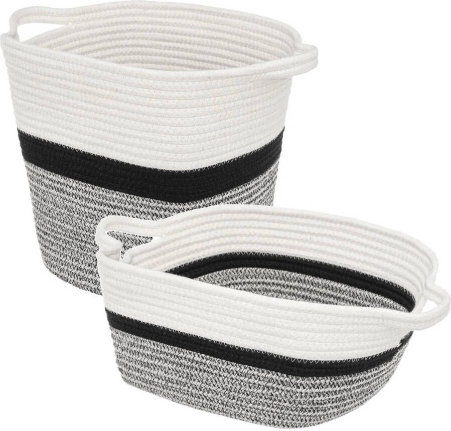 5five Set van 2x stuks opbergmanden met hengsels 14 en 29 liter grijs zwart wit van gevlochten touw Opbergmanden