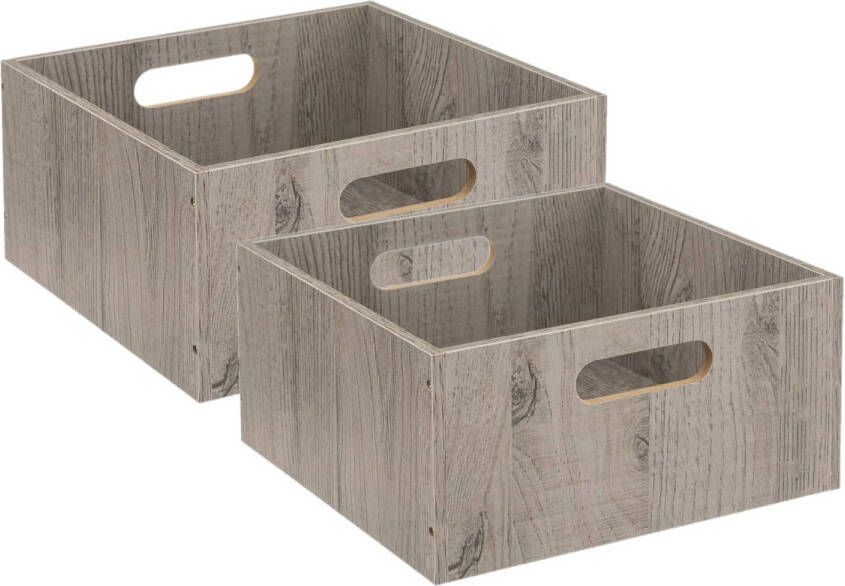 5Five Set van 2x stuks opbergmand kastmand 14 liter grijs greywash van hout 31 x 31 x 15 cm Opbergmanden
