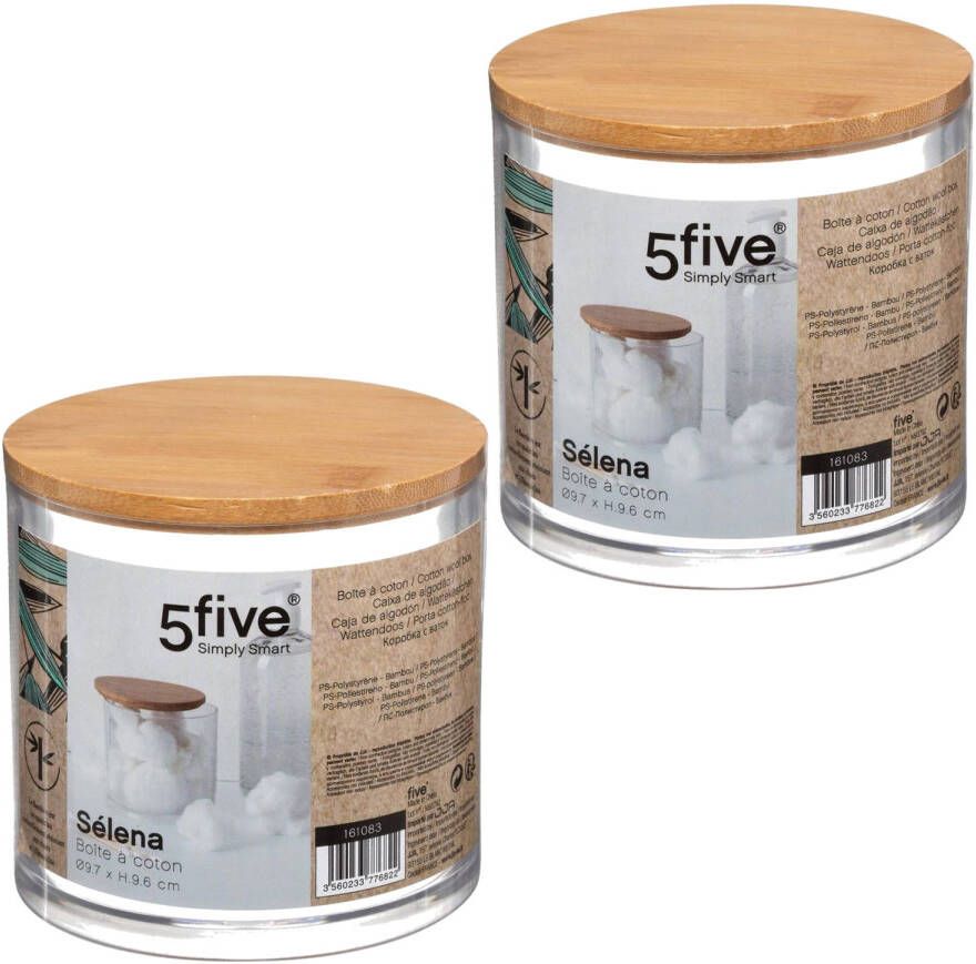 5Five Set van 2x stuks watten houder box dispenser 9 5 x 9 5 cm van kunststof bamboe Opbergbox