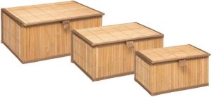 5five Set van 3x bamboe opbergdozen met deksel rechthoek bruin Kast- badkamer mandjes verschillende formaten Opbergmanden