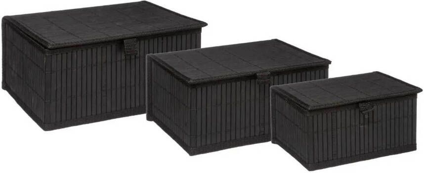 5five Set van 3x bamboe opbergdozen met deksel rechthoek zwart Kast- badkamer mandjes verschillende formaten Opbergmanden
