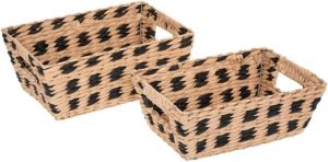 5five Set van 3x gevlochten rieten opbergmanden rechthoek beige zwart Kast- badkamer mandjes verschillende formaten Opbergmanden
