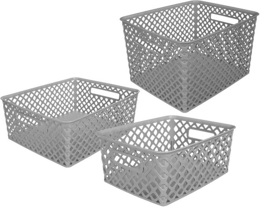 5Five Set van 3x opbergmanden kunststof rechthoek grijs Opbergmanden