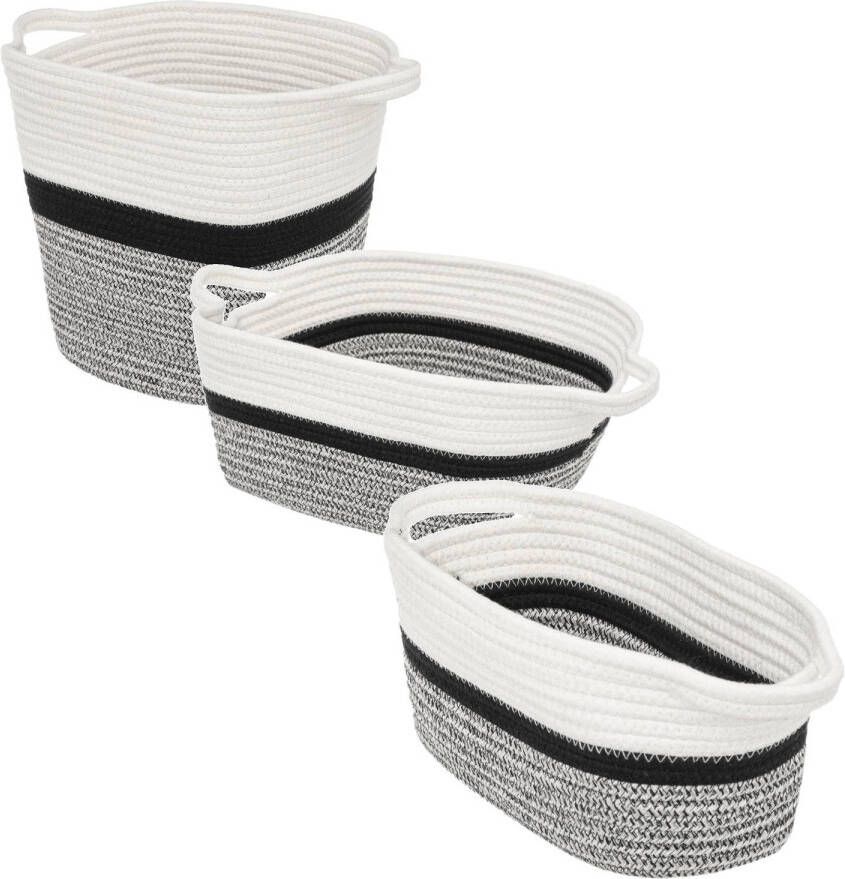 5five Set van 3x stuks opbergmanden met hengsels 7 en 14 en 29 liter grijs zwart wit van gevlochten touw Opbergmanden