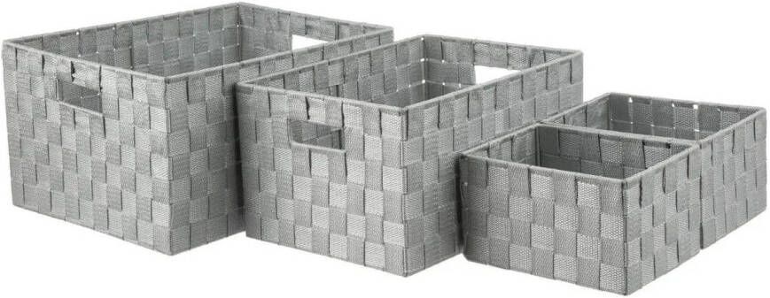 5five Set van 4x gevlochten opbergmanden polyester grijs Kast badkamer mandjes verschillende formaten Opbergmanden