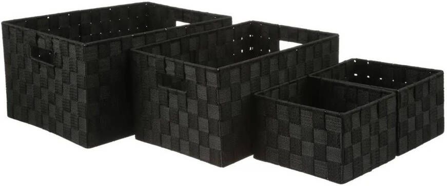 5five Set van 4x gevlochten opbergmanden polyester zwart Kast badkamer mandjes verschillende formaten Opbergmanden