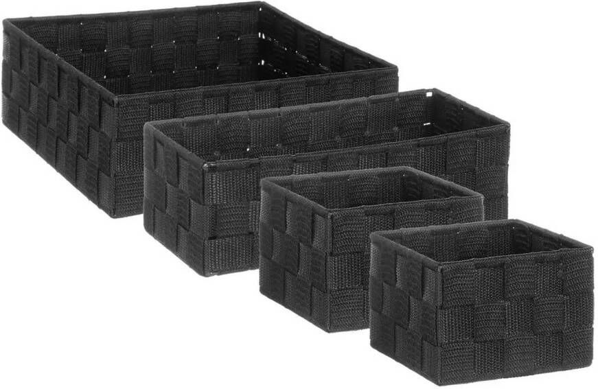 5five Set van 4x gevlochten opbergmanden vierkant zwart Kast badkamer mandjes verschillende formaten Opbergmanden