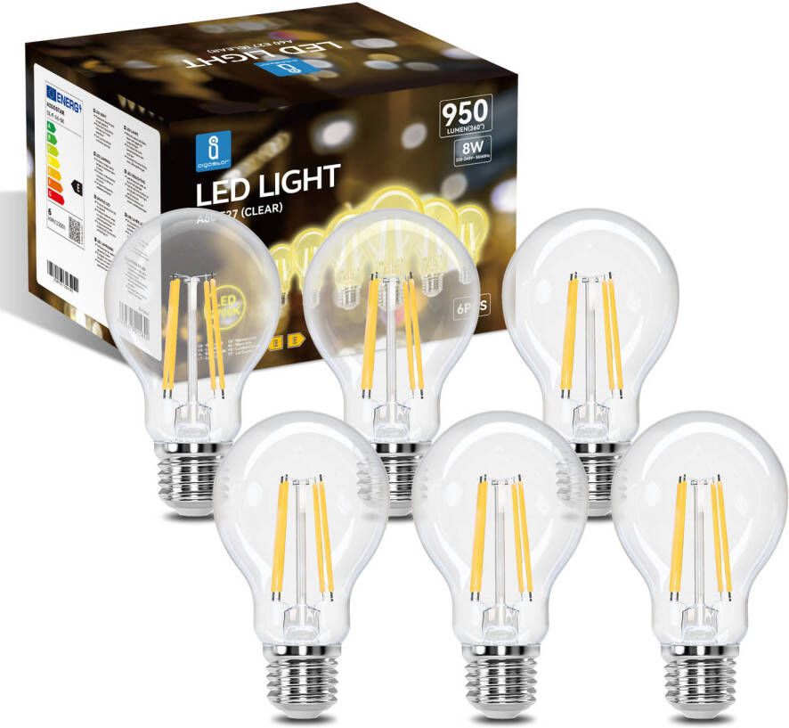 Aigostar 10ZCO LED Lichtbron Filament lamp A60 E27 fitting 8W 2700K Set van 6 stuks