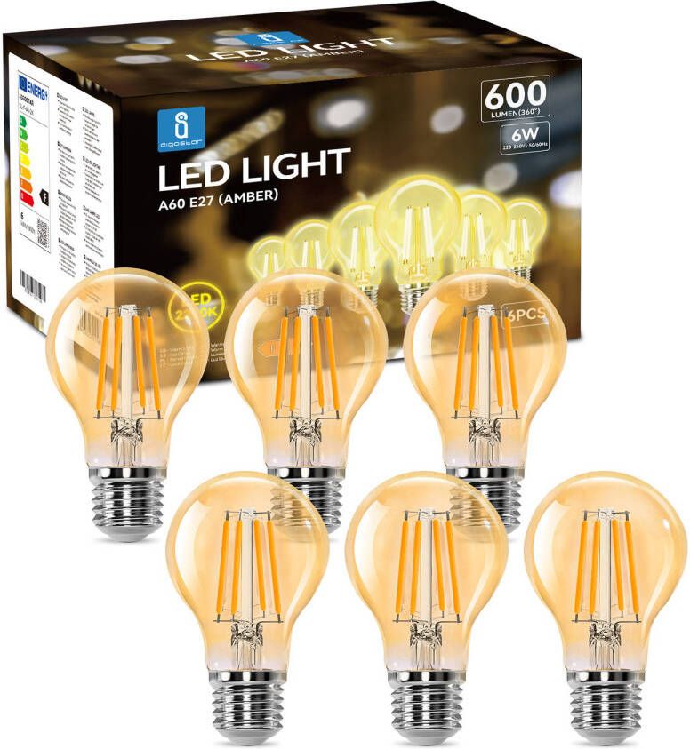 Aigostar 10ZCQ A60 LED Filament Lamp E27 fitting 6W Warm Wit 2200K 6 stuks