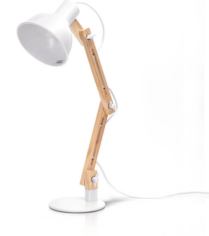 Aigostar 13AS9 Bureaulamp met houten standaard In hoogte verstelbaar en kantelbaar H455mm E27 fitting Wit