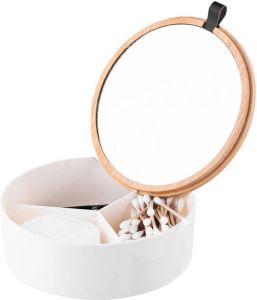 Altom Design juwelendoos sieradendoos met spiegel 3-vaks bamboe 14 x 14 x 5 cm wit