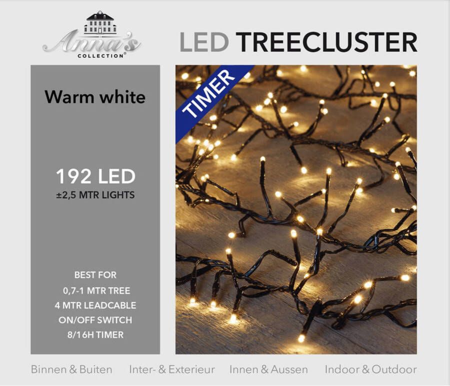Anna's Collection 1x Kerstverlichting clusterverlichting met timer en dimmer 192 lampjes warm wit 1 mtr Voor binnen en buiten gebruik Kerstverlichting kerstboom