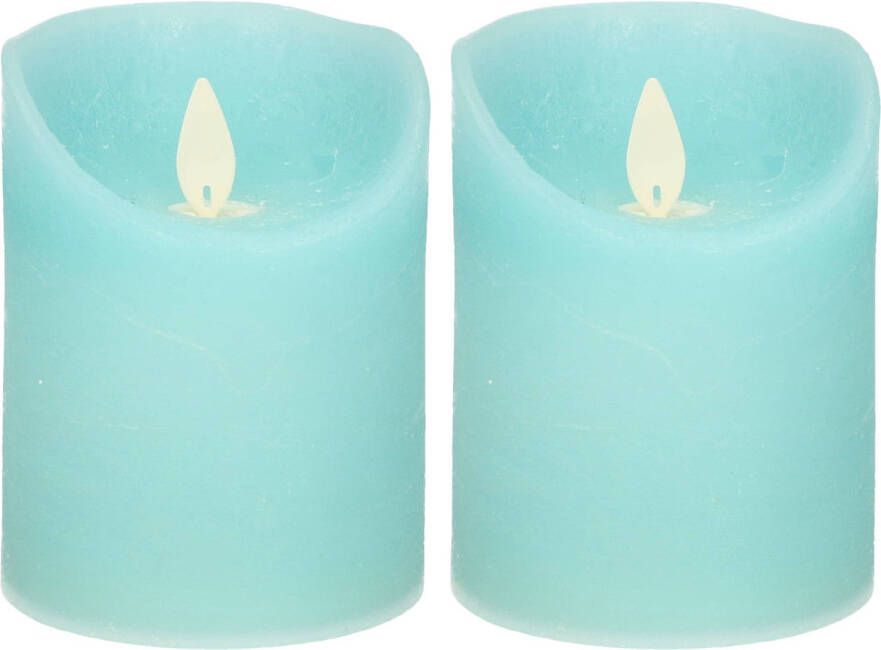 Anna&apos;s Collection 2x Aqua blauwe LED kaarsen stompkaarsen met bewegende vlam 15 cm LED kaarsen