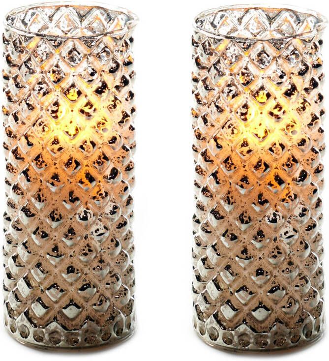 Anna's Collection 2x stuks luxe led kaarsen in zilver glas D7 5 x H15 cm met timer Woondecoratie Elektrische kaarsen LED kaarsen