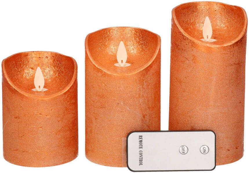 Anna&apos;s Collection 3x Koperen LED kaarsen op batterijen inclusief afstandsbediening LED kaarsen