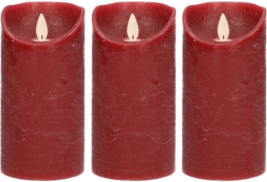 Anna&apos;s Collection 3x LED kaarsen stompkaarsen bordeaux rood met dansvlam 15 cm LED kaarsen