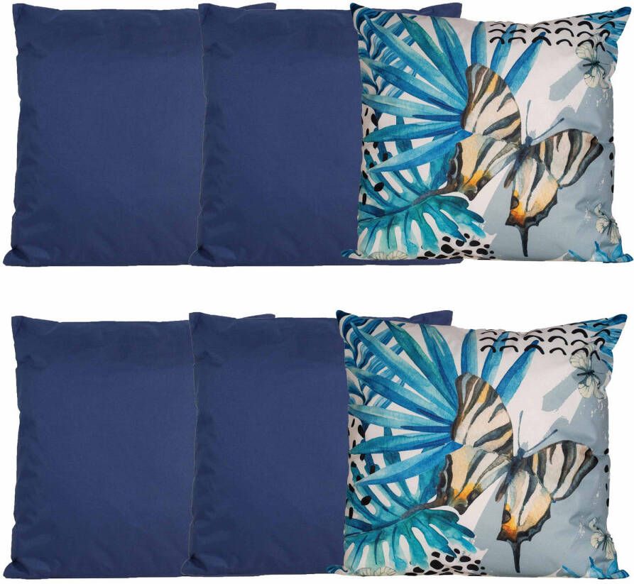 Anna&apos;s Collection Bank tuin kussens set voor binnen buiten 6x stuks donkerblauw tropical print 45 x 45 cm Sierkussens