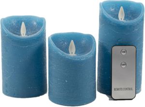 Anna&apos;s Collection Kaarsen set 3x LED stompkaarsen denim blauw met afstandsbediening LED kaarsen