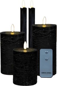 Anna&apos;s Collection LED Stomp dinerkaarsen set 5-delig zwart 10 12 15 23 cm incl. afstandsbediening LED kaarsen