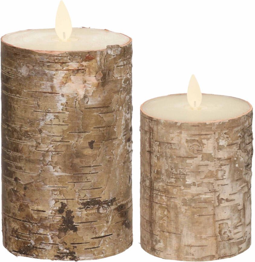 Anna's Collection Set van 2x stuks Bruin berkenhout Led kaarsen met bewegende vlam 10 en 15 cm Sfeer stompkaarsen voor binnen LED kaarsen