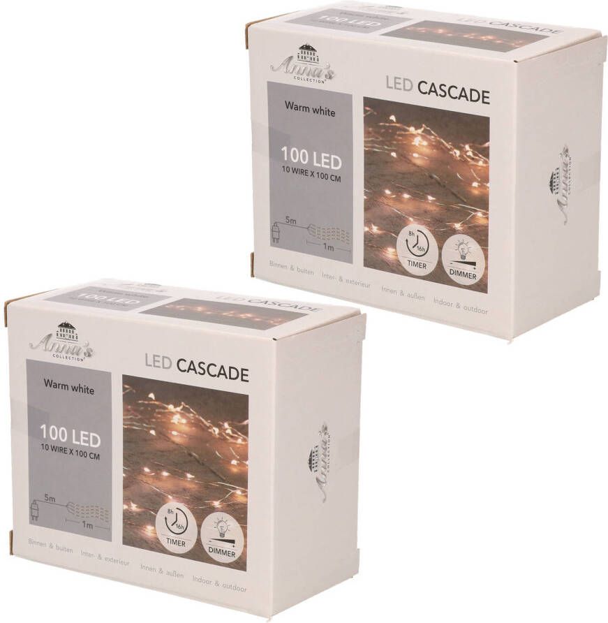Anna&apos;s Collection Set van 2x stuks cascade draadverlichting lichtsnoer met 100 lampjes warm wit met 10 lichtdraden Lichtsnoeren