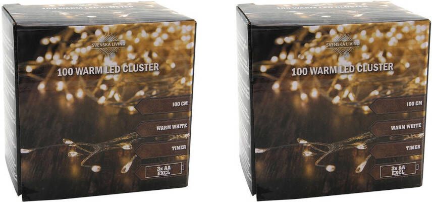 Anna&apos;s Collection Set van 2x stuks cluster draadverlichting lichtsnoer met 100 lampjes warm wit op batterij 100 cm Lichtsnoeren