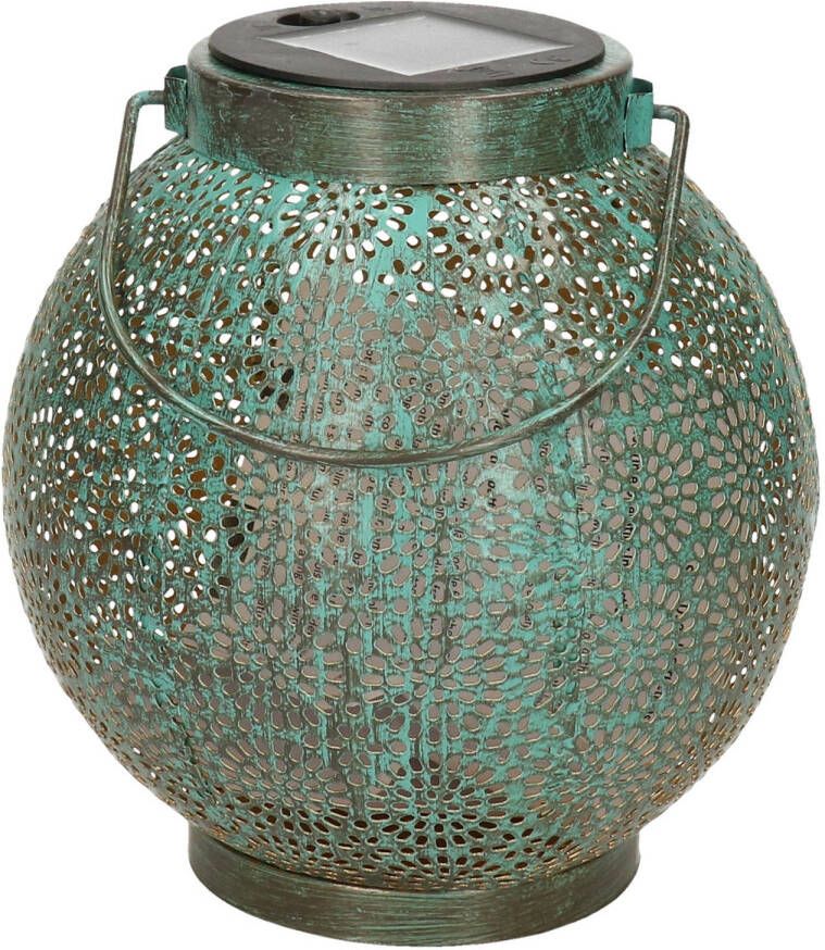 Anna&apos;s Collection Solar lantaarn vlam effect antiek turquoise metaal 14 x 16 cm Lantaarns