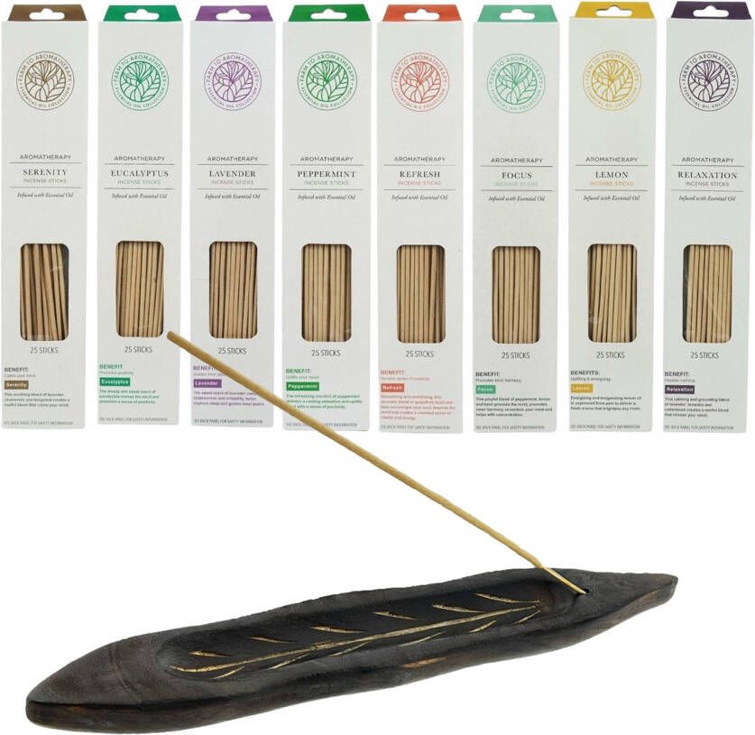 Arowell Assortiment 200 stuks etherische incense wierookstokjes 8 heerlijke geuren 8 x 25 stuks incl. wierookhouder