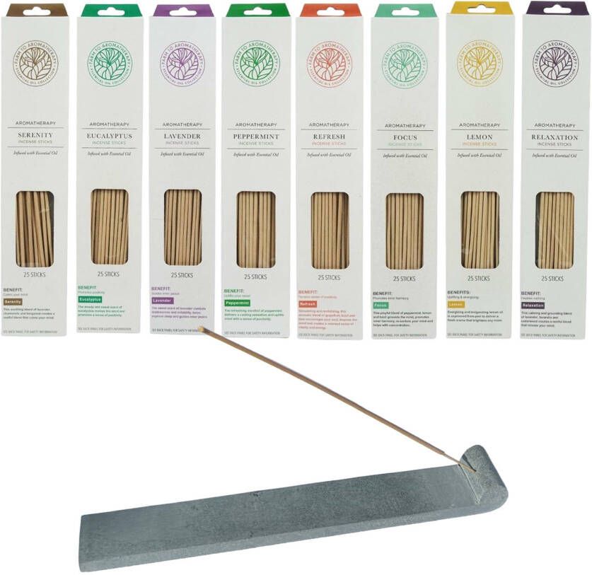 Arowell Assortiment 200 stuks etherische incense wierookstokjes 8 heerlijke geuren incl. Speksteen wierookhouder