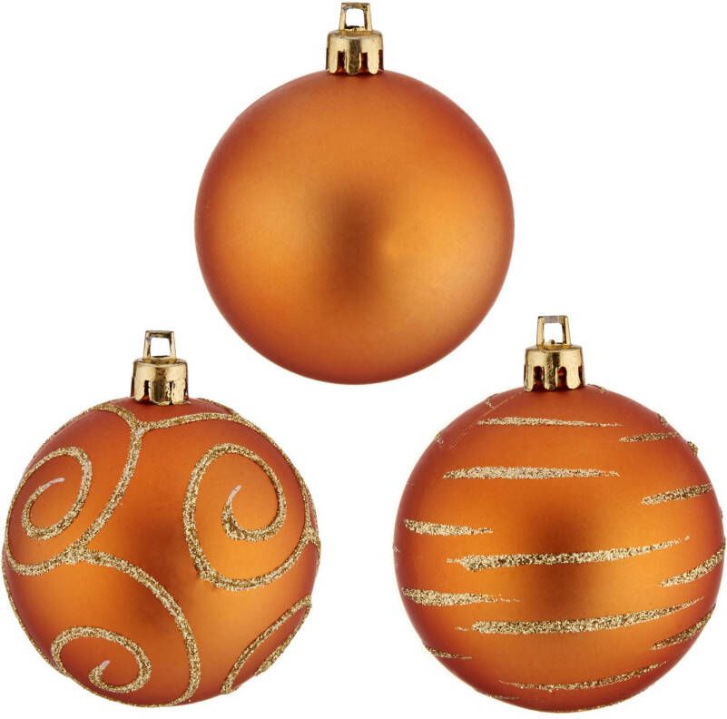 Arte r 30x stuks gedecoreerde kerstballen oranje kunststof 6 cm Kerstbal