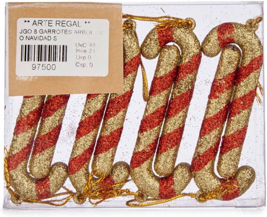 Arte r 8x stuks kunststof kersthangers zuurstokken rood goud 11 cm kerstornamenten Kersthangers