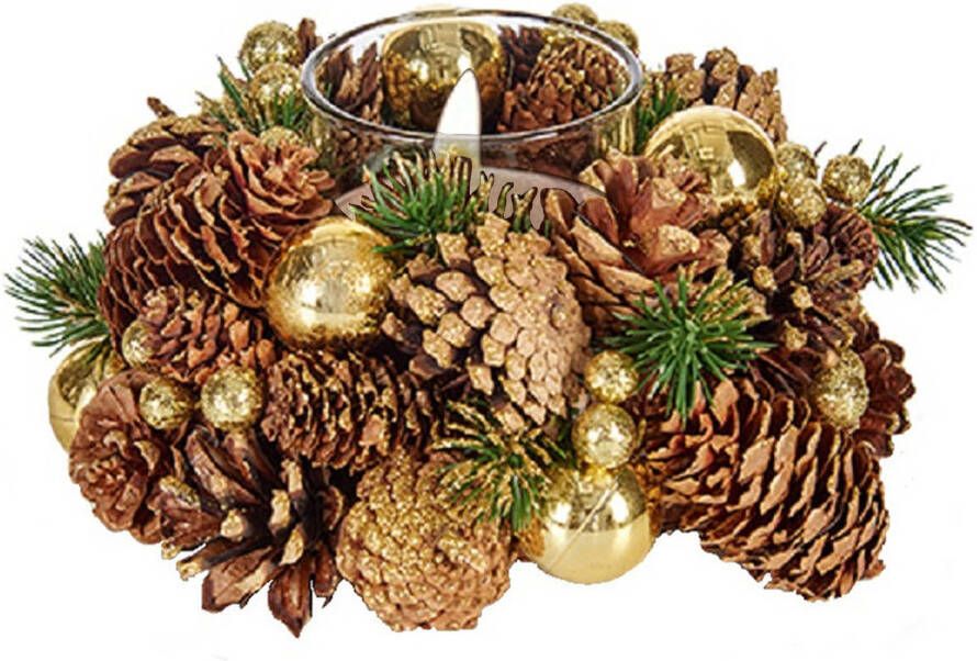 Arte r Kerst thema kaarsenhouder ornament gold green nature 19 x 19 x 9 cm Voor 1x kaarsjes Tafel decoratie Waxinelichtjeshouders