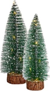 Arte r Kleine mini decoratie kerstboompjes set van 2x st met licht 25-30 cm Kerstdorpen