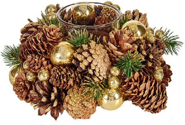 Arte r Kerst thema kaarsenhouder ornament bruin met goud nature 18 cm kaarsjes branden tafel decoratie Waxinelichtjeshouders