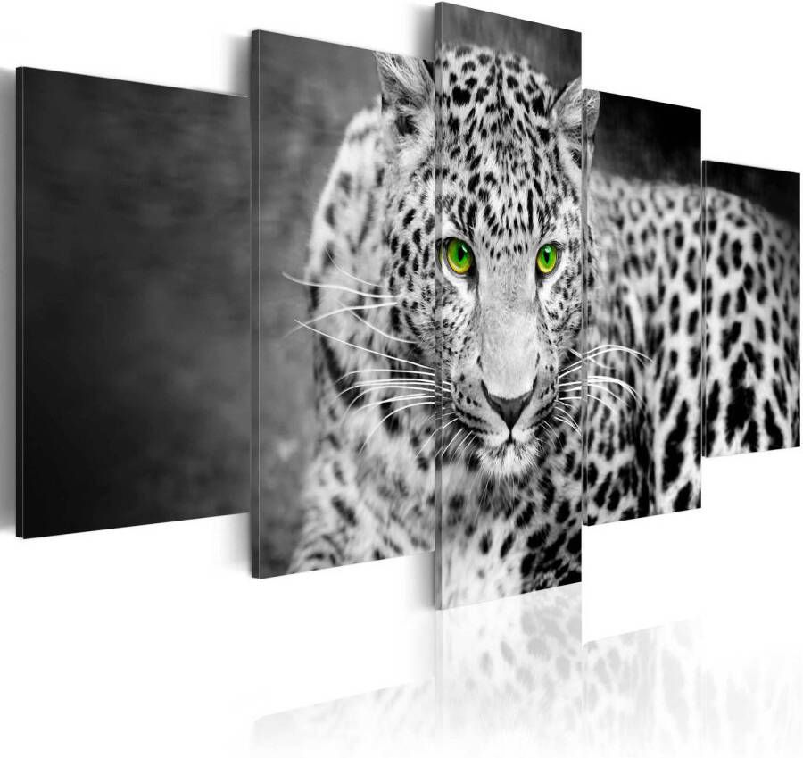 Artgeist Canvas Schilderij Leopard Black and White 5-luik 200x100cm