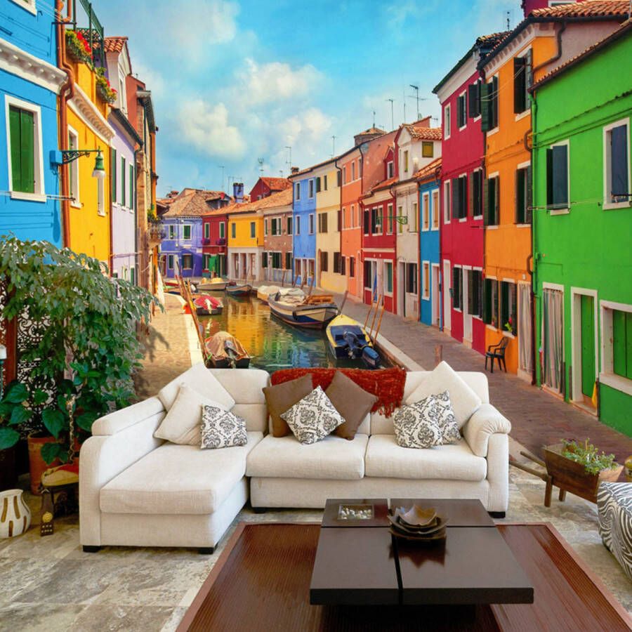 Artgeist Fotobehang Colorful Canal in Burano Vliesbehang