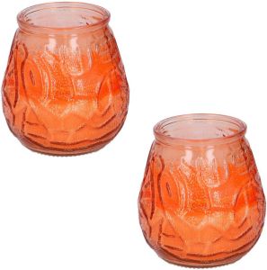 Arti Casa Set van 2x stuks Citronella lowboy tuin kaarsen in oranje glas 10 cm Anti muggen insecten artikelen