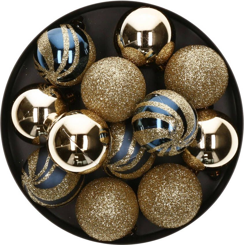 Atmosphera 12x stuks kerstballen mix goud blauw glans mat glitter kunststof 4 cm Kerstbal
