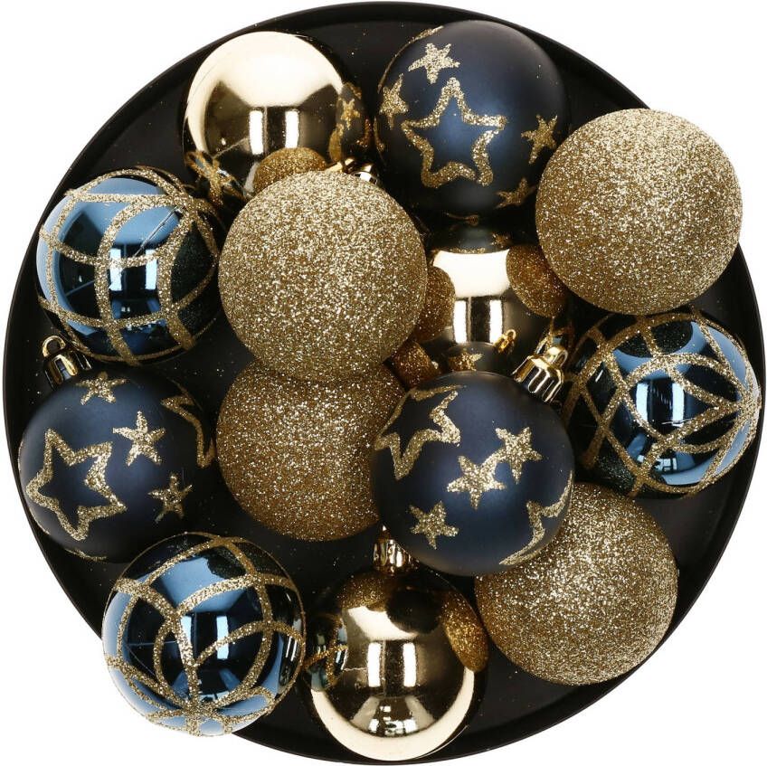 Atmosphera 15x stuks kerstballen mix goud blauw gedecoreerd kunststof 5 cm Kerstbal