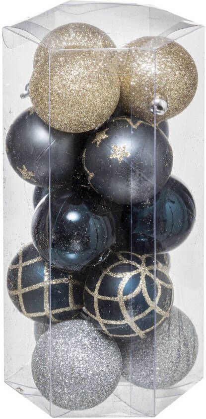 Atmosphera 15x stuks kerstballen mix goud blauw zilver gedecoreerd kunststof 5 cm Kerstbal