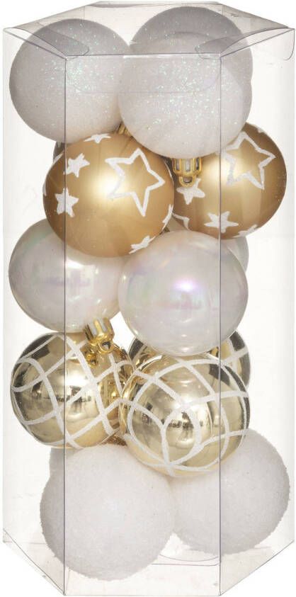 Atmosphera 15x stuks kerstballen mix wit goud gedecoreerd kunststof 5 cm Kerstbal