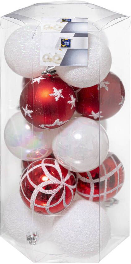 Atmosphera 15x stuks kerstballen mix wit rood gedecoreerd kunststof 5 cm Kerstbal