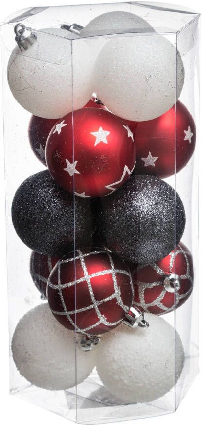 Atmosphera 15x stuks kerstballen mix wit rood zwart gedecoreerd kunststof 5 cm Kerstbal