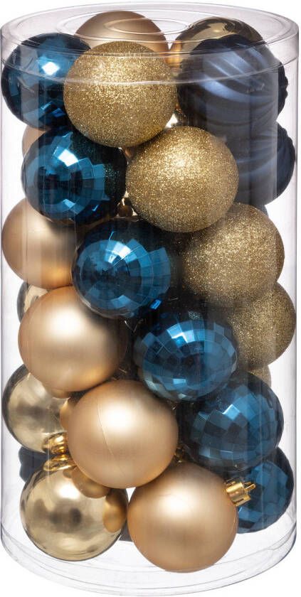 Atmosphera 30x stuks kerstballen mix blauw champagne glans en mat kunststof 6 cm Kerstbal