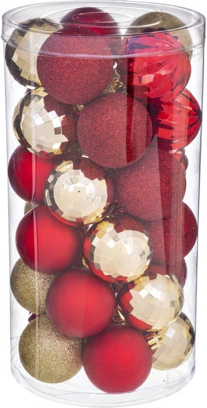 Atmosphera 30x stuks kerstballen mix rood champagne glans en mat kunststof 6 cm Kerstbal