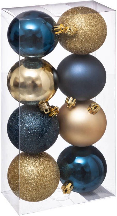 Atmosphera 8x stuks kerstballen mix blauw champagne glans en mat kunststof 7 cm Kerstbal